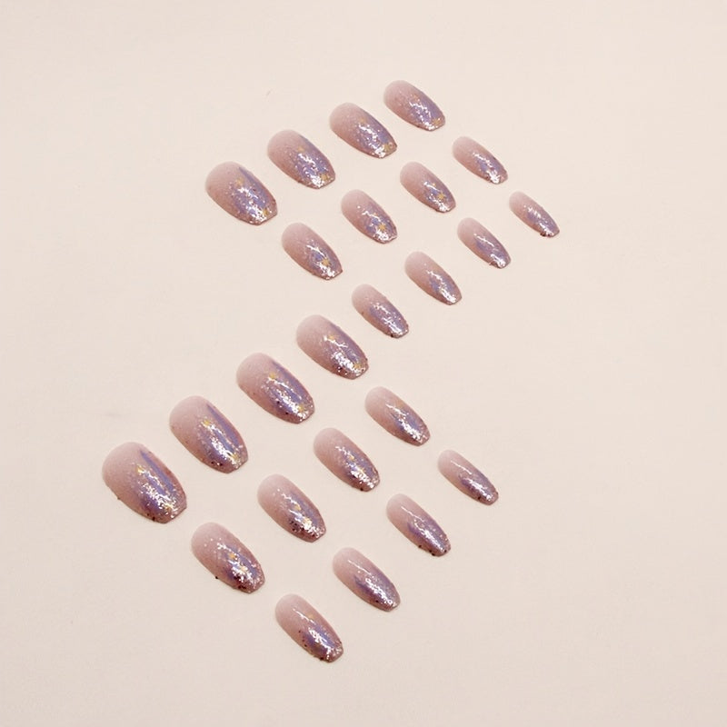 24pcs Aurora Purple Glossy Short Ballet Fake Nails - Press On Nail Forms for Women Girls with Golden Glitter Star Design, Shining False Nails for Daily Wear, Easy to Apply, Long-Lasting, and Durable
