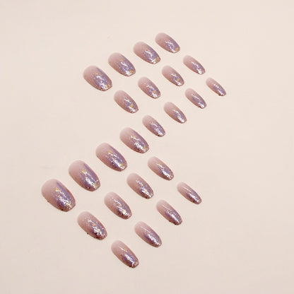 24pcs Aurora Purple Glossy Short Ballet Fake Nails - Press On Nail Forms for Women Girls with Golden Glitter Star Design, Shining False Nails for Daily Wear, Easy to Apply, Long-Lasting, and Durable