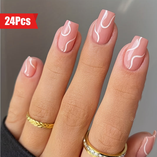 24pcs Medium Square Pink Press On Nails - Glossy Full Cover False Nails for Women and Girls with French White Stripe Design - Easy to Apply, Reusable, and Long-Lasting Nail Art