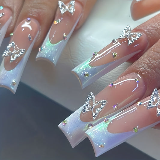 24PCS Long Coffin Shaped Pink French Tip Press On Nails with Glossy Full Cover, Butterfly Rhinestone, and Glitter Accents - Artificial Nail Tips for Women and Girls