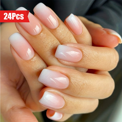 24pcs Full Cover Glossy Gradient Pink Acrylic Nails Set with 1 Nails Glue Sticker and 1 Nails File for Women and Girls