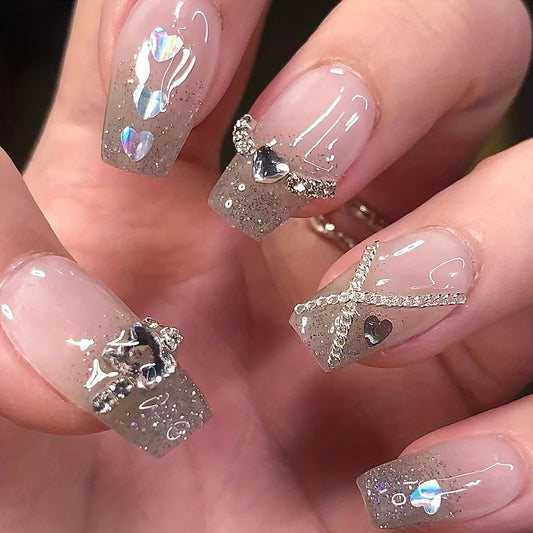 24pcs Valentines Press On Nails Short Laser Heart Fake Nails Acrylic Nails Press On Glitter Glue On Nails Square False Nails With Bling Rhinestone Design, For Women Manicure Decor