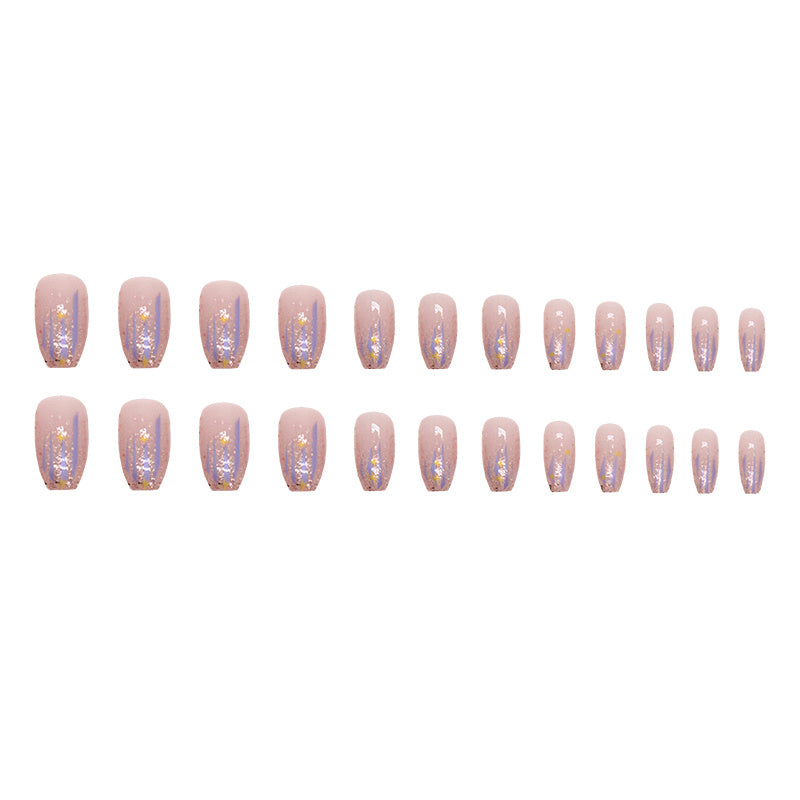 24pcs Aurora Purple Glossy Short Ballet Fake Nails - Press On Nail Forms for Women Girls with Golden Glitter Star Design, Shining False Nails for Daily Wear, Easy to Apply, Long-Lasting, and Durable