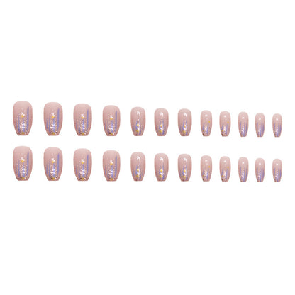 24pcs Aurora Purple Glossy Short Ballet Fake Nails - Press On Nail Forms for Women Girls with Golden Glitter Star Design, Shining False Nails for Daily Wear, Easy to Apply, Long-Lasting, and Durable