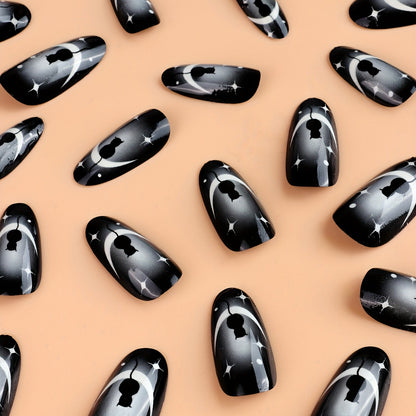 24pcs Glossy Black Gradient French Tip Press On Nails with Cute Cat, Star, and Moon Design - Full Cover False Nails for Women and Girls, Halloween Nails